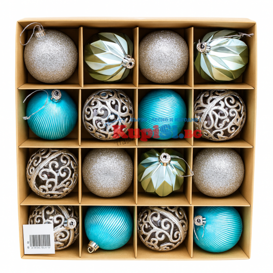 Топки за елха, комплект 16 броя, сребърно и синьо