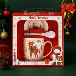 Коледен комплект – чаша, лъжичка и чинийка с Еленче 