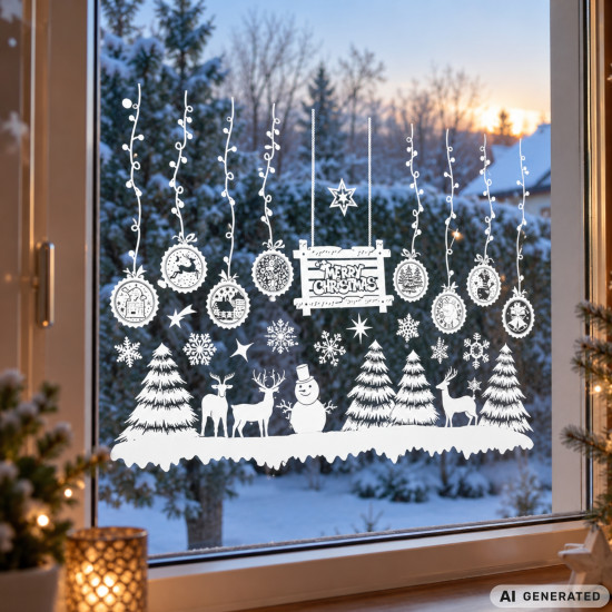 Бели коледни стикери за прозорци с елхи, 35 × 50 см