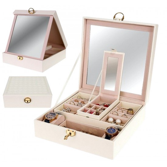 Луксозна Кутия за Бижута – Органайзер на Нива с Огледало и Ключ