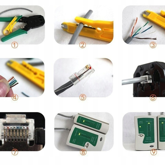 Комплект инструменти за мрежови кабели с LAN тестер и клещи RJ45