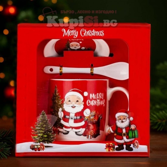 Порцеланова Коледна чаша с чинийка и лъжичка в кутия