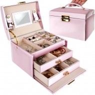 Розова Сатенена Кутия за Бижута – 20 Отделения и Огледало