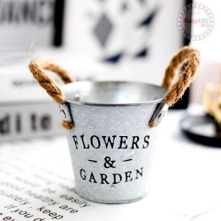 Кръгла метална кашпа с въжени дръжки 