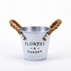 Кръгла метална кашпа с въжени дръжки 