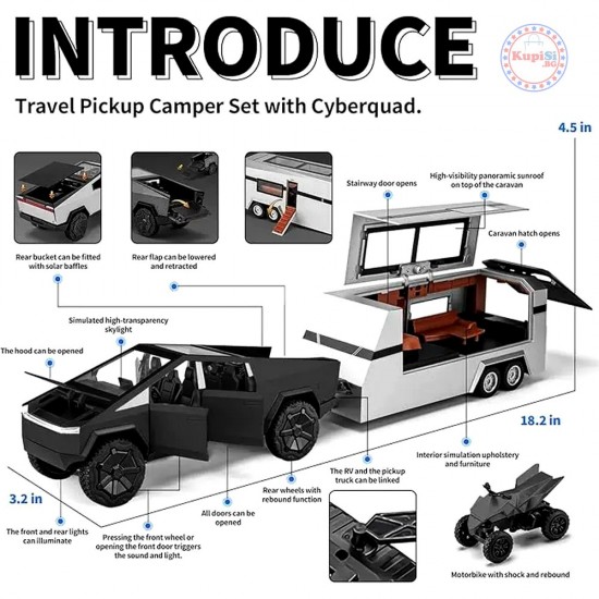 Метална кола Tesla Cyber Pickup Trailer Truck, Каравана, АВТ
