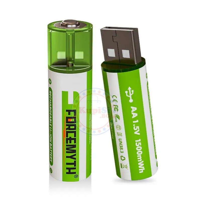 USB Батерия, Презареждаща, 1.5V, 1500mAh, AA