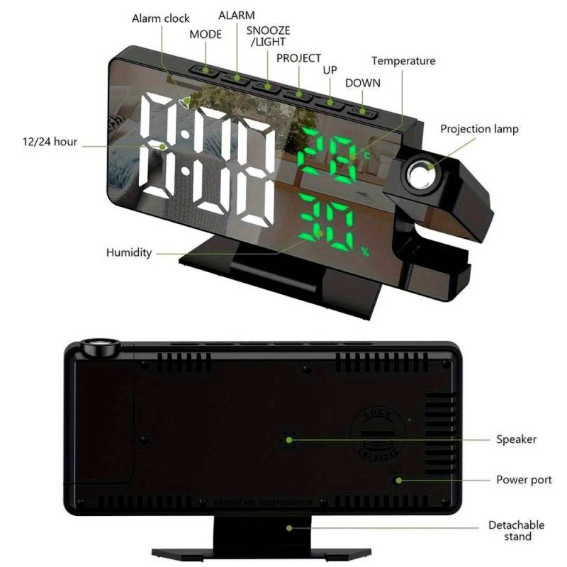 LED огледален часовник с Проектор, Температура и Влажност