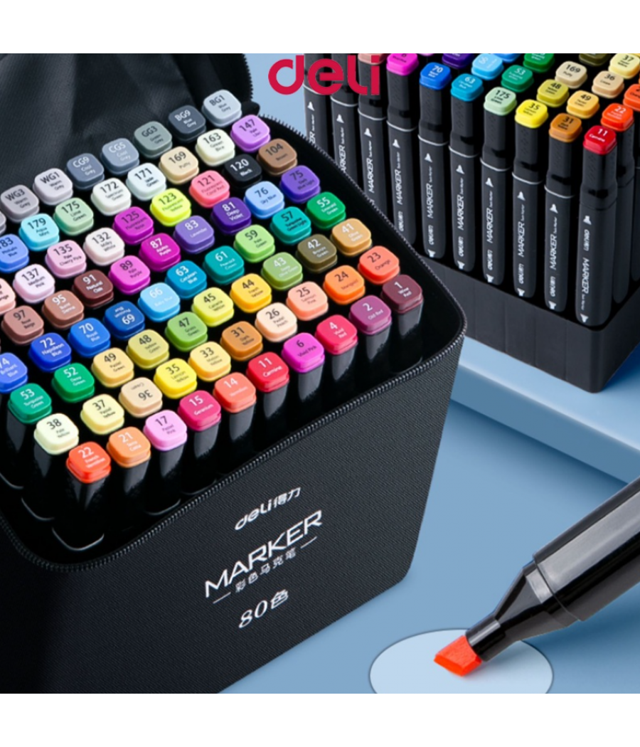 Цветни маркери за рисуване, Двустранни, 80 цвята в калъф