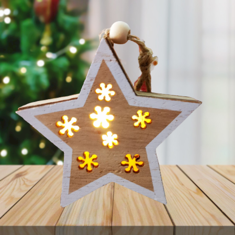 Дървена, светеща Коледна звезда за елха