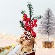 Коледна саксия за декорация, Изкуствени клонки, Шишарки, Плодове