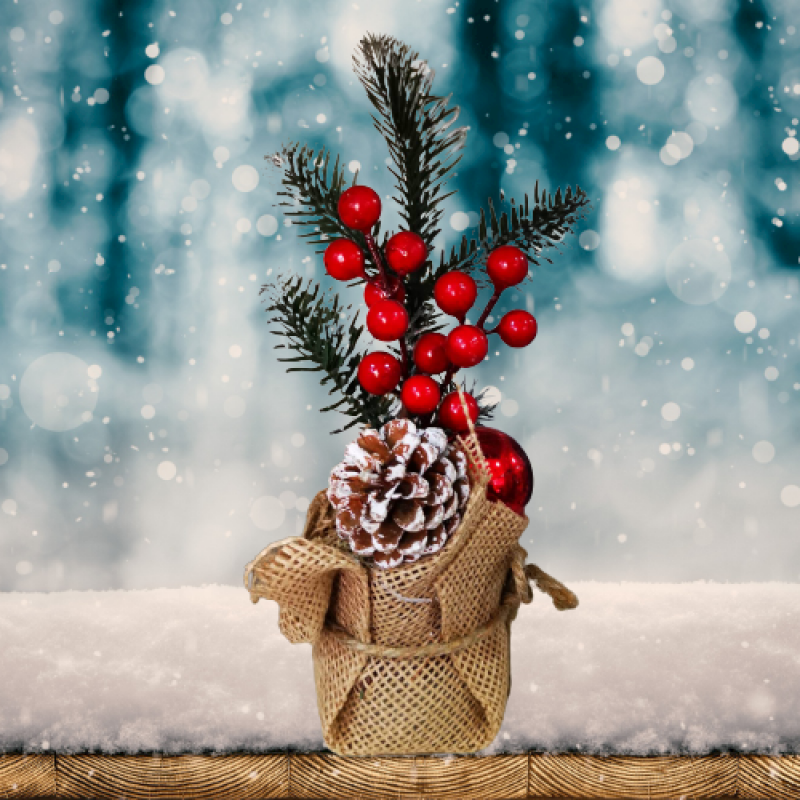 Коледна саксия за декорация, Изкуствени клонки, Шишарки, Плодове