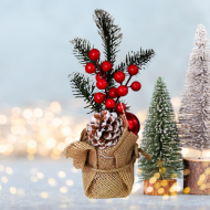 Коледна саксия за декорация, Изкуствени клонки, Шишарки, Плодове