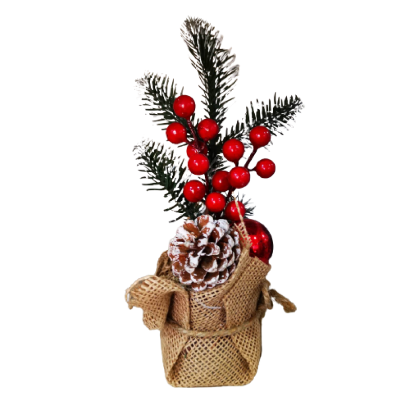 Коледна саксия за декорация, Изкуствени клонки, Шишарки, Плодове