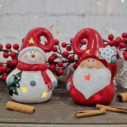 Светеща Коледна фигурка, Керамична, Дядо Коледа, Снежко