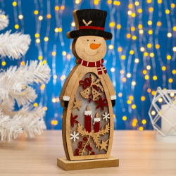 Светеща Дървена Фигурка, Снежен човек, Коледна украса