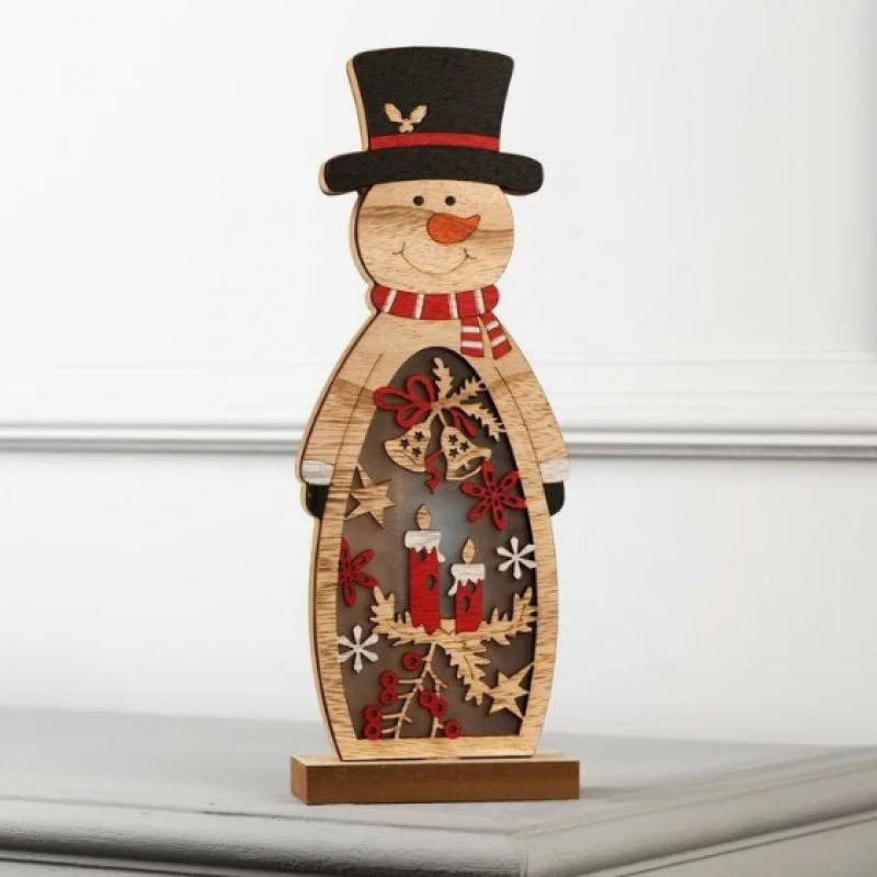 Светеща Дървена Фигурка, Снежен човек, Коледна украса