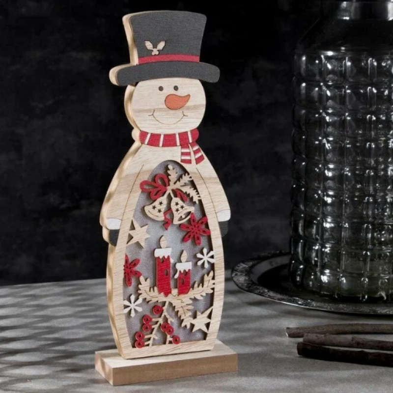 Светеща Дървена Фигурка, Снежен човек, Коледна украса