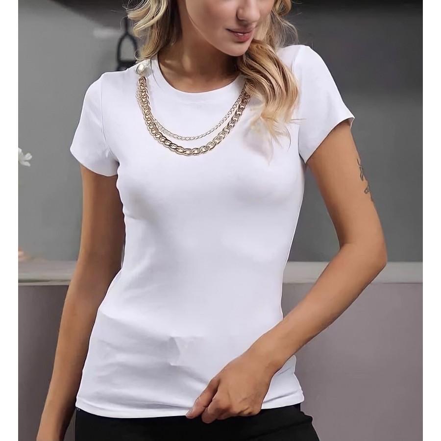 Бяла дамска тениска със синджир