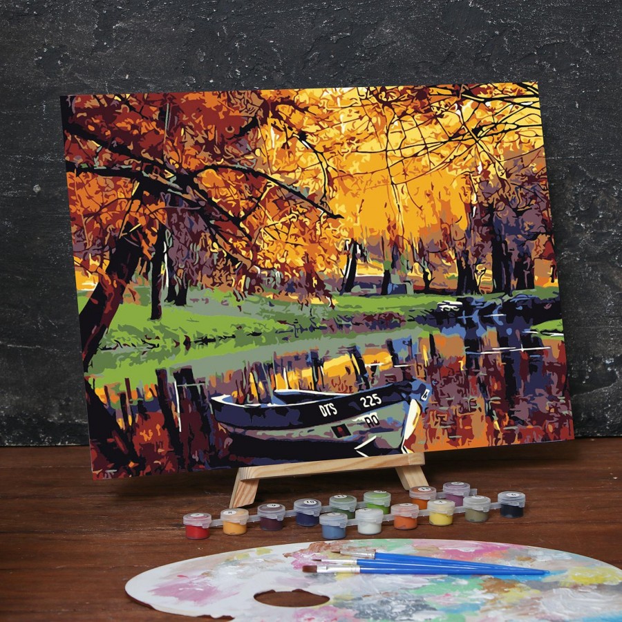 Картина за оцветяване по номера " Лодка и есенна гора"
