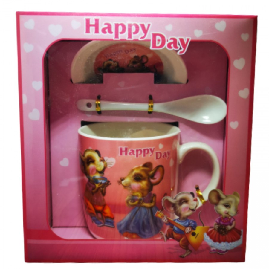 Порцеланов комплект чаша , чинийка и лъжичка - "Happy Day"