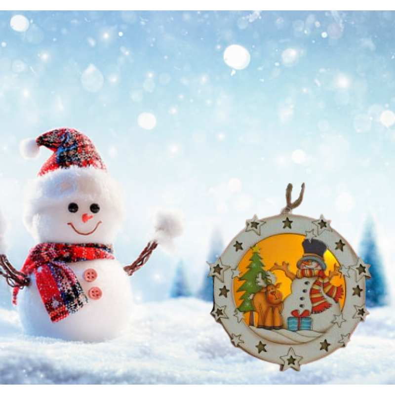 Дървена, светеща Коледна фигурка за окачване , Снежко