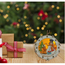 Дървена, светеща Коледна фигурка за окачване , Снежко