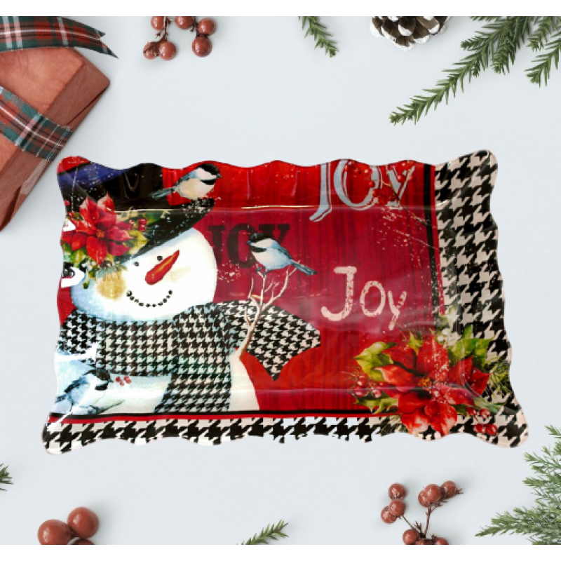 Стъклено, плато със Снежко , Коледна украса , Коледен подарък