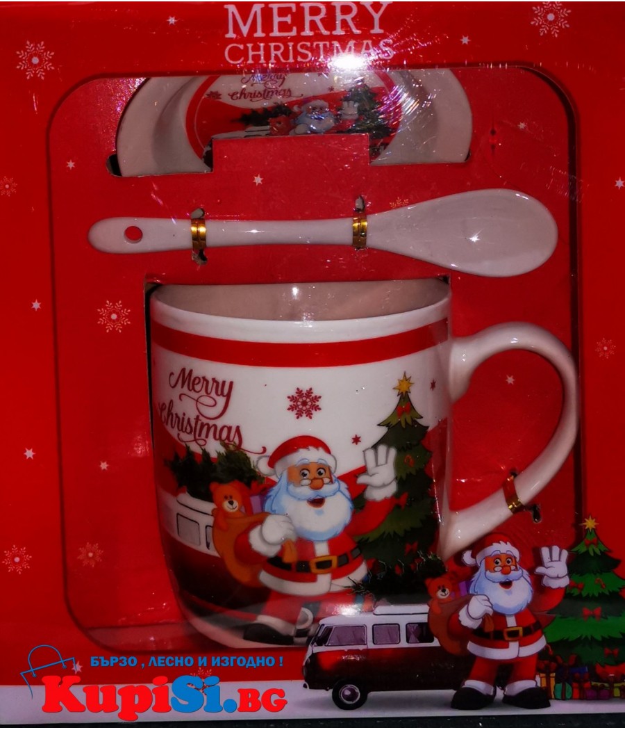 Порцеланова Коледна чаша с чинийка и лъжичка в кутия