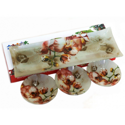 Стъклено плато "Орхидея" с 3 купички 