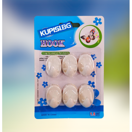 Бели пластмасови лепящи закачалки (Комплект 6 броя)
