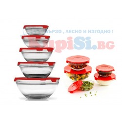 Комплект стъклени купи с капаци – 5 броя