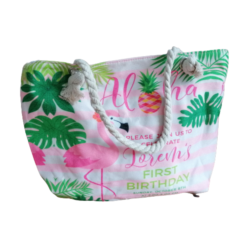 Чанта за плаж с дебели въжени  дръжки с розово фламинго