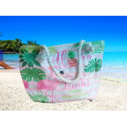 Чанта за плаж с дебели въжени  дръжки с розово фламинго Чанта за плаж с дебели въжени  дръжки с розово фламинго