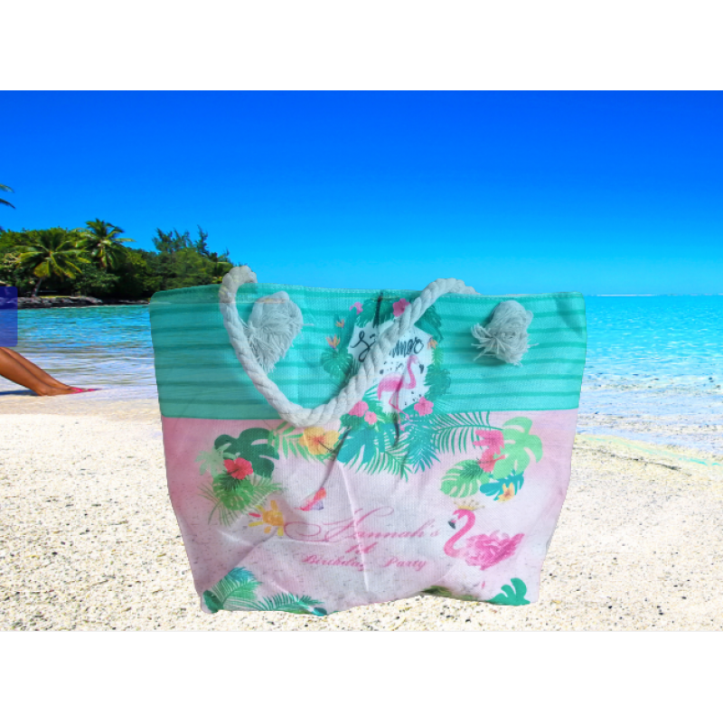 Чанта за плаж с дебели въжени дръжки  фламинго