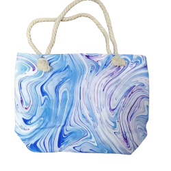 ПЛАЖНА ЧАНТА, ПЛЕТЕНИ ДРЪЖКИ, ПРЕЛВАЩ СИНЬО/ БЯЛ ЦВЯТ