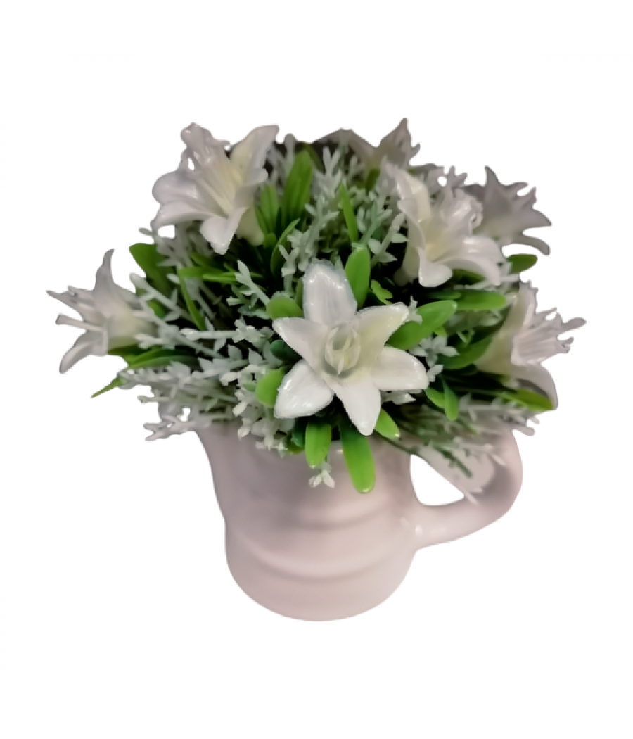 Изкуствено цвете в керамична кашпа, букет зеленина с малки цветчета