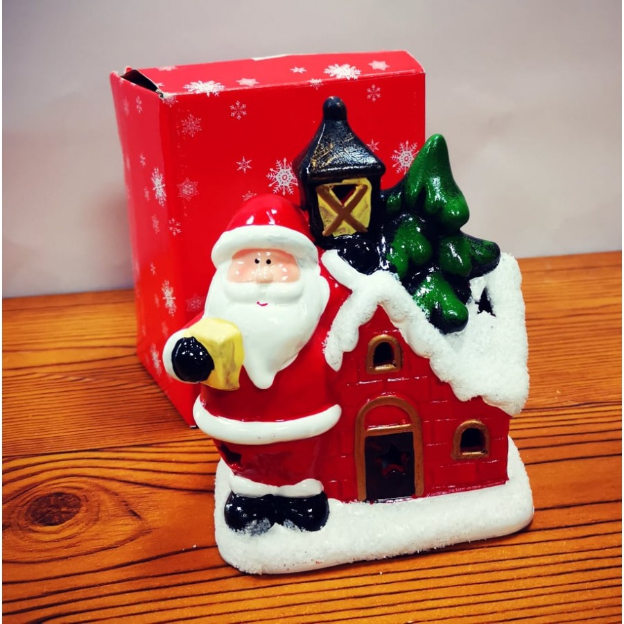 Керамична светеща фигурка Къща с Дядо Коледа