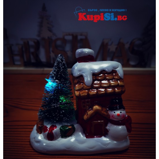 Коледна,керамична,светеща фигурка, Къщичка с елха