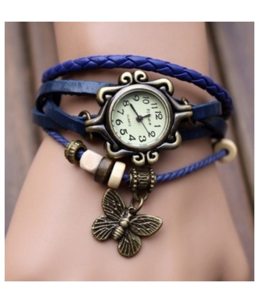 Стилен дамски часовник с пеперудка - син,кафяв
