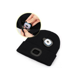 Зимна шапка с LED фенер и USB зареждане, черна