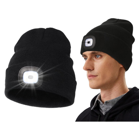 Зимна шапка с LED фенер и USB зареждане, черна