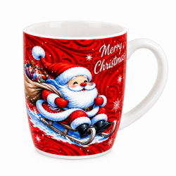 Червена коледна чаша Merry Christmas с Дядо Коледа и чувал подаръци