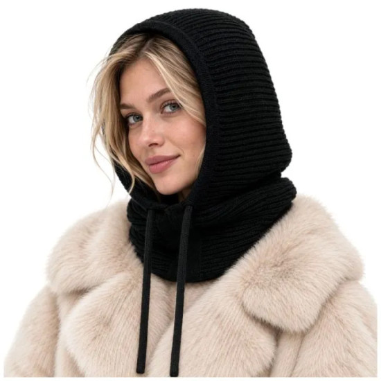 Дамска шапка качулка 3 в 1 с 30% вълна, черна