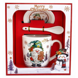 Коледен порцеланов комплект чаша, чинийка и лъжичка в кутия Merry Christmas – Снежко