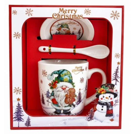 Коледен порцеланов комплект чаша, чинийка и лъжичка в кутия Merry Christmas – Снежко