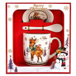 Коледен порцеланов комплект чаша, чинийка и лъжичка в кутия Merry Christmas – Снежко