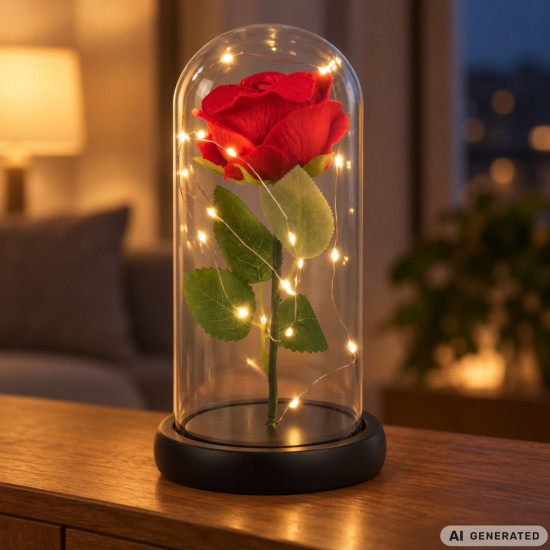Роза в стъкленица с LED светлина в черна кутия с панделка – 21 см