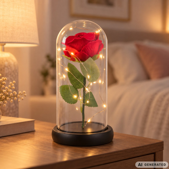 Роза в стъкленица с LED светлина в черна кутия с панделка – 21 см