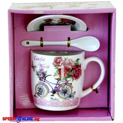 Порцеланова чаша с чинийка и лъжичка - "COLORFUL WORLD"